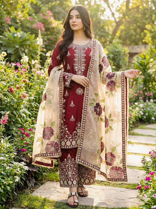 Beautiful Maroon Embroidery Work Palazzo Suit