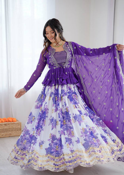 Stylish Purple Color Thread Work Lehenga Choli