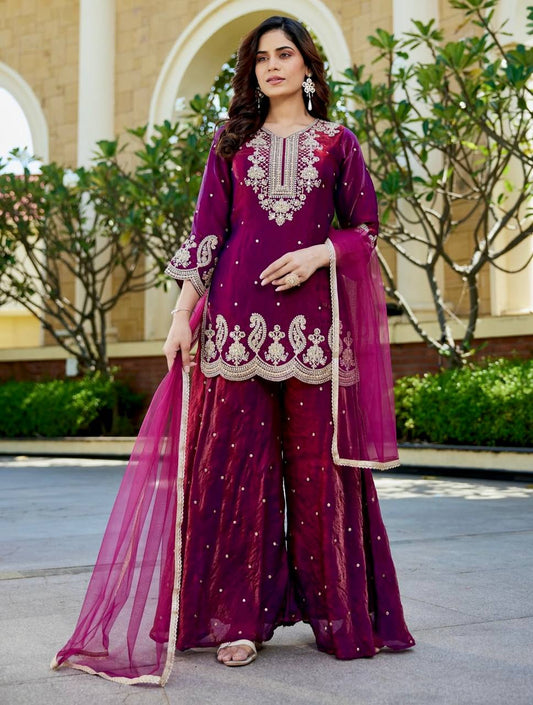 Stylish Wine Color Silk Embroidery Work Sharara Suit