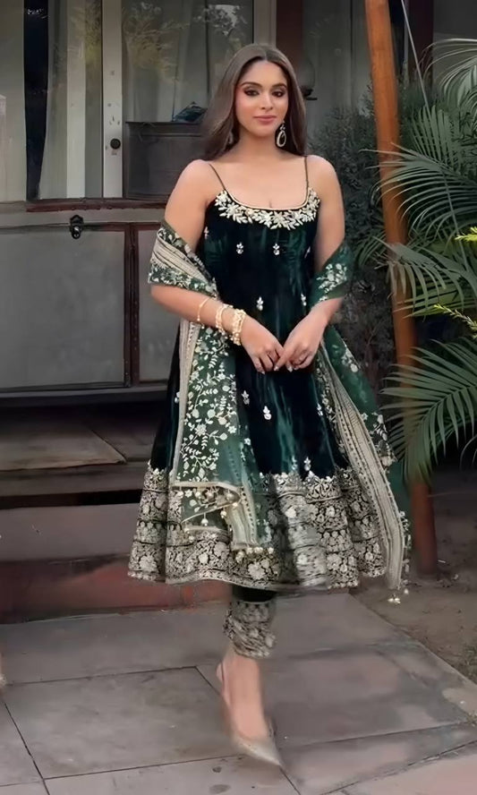 Lovely Green Vichitra Silk Embroidered Sharara Suit