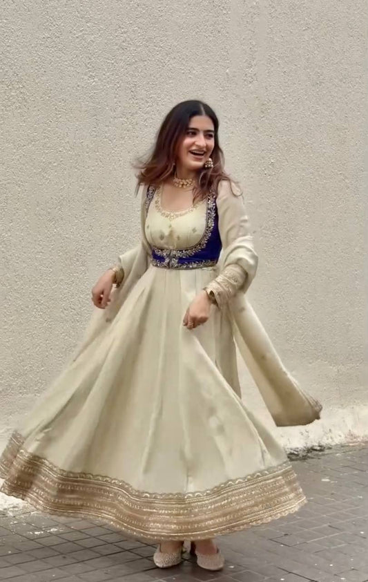 Elegant Cream Color Embroidery Work Gown With Koti