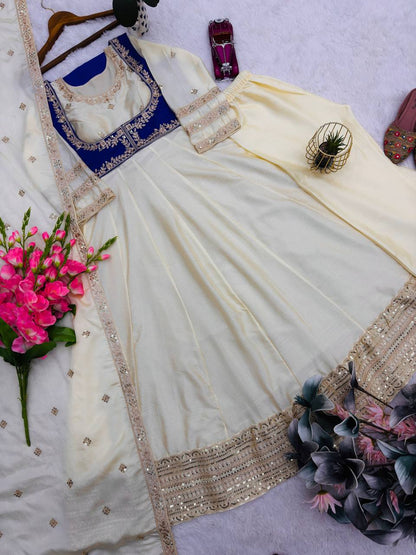 Elegant Cream Color Embroidery Work Gown With Koti