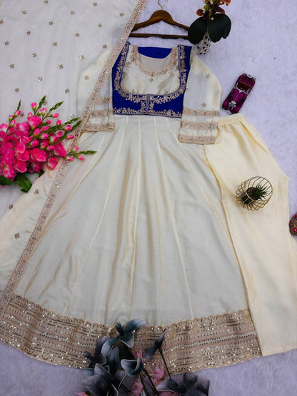 Elegant Cream Color Embroidery Work Gown With Koti