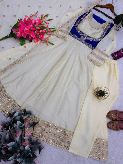 Elegant Cream Color Embroidery Work Gown With Koti
