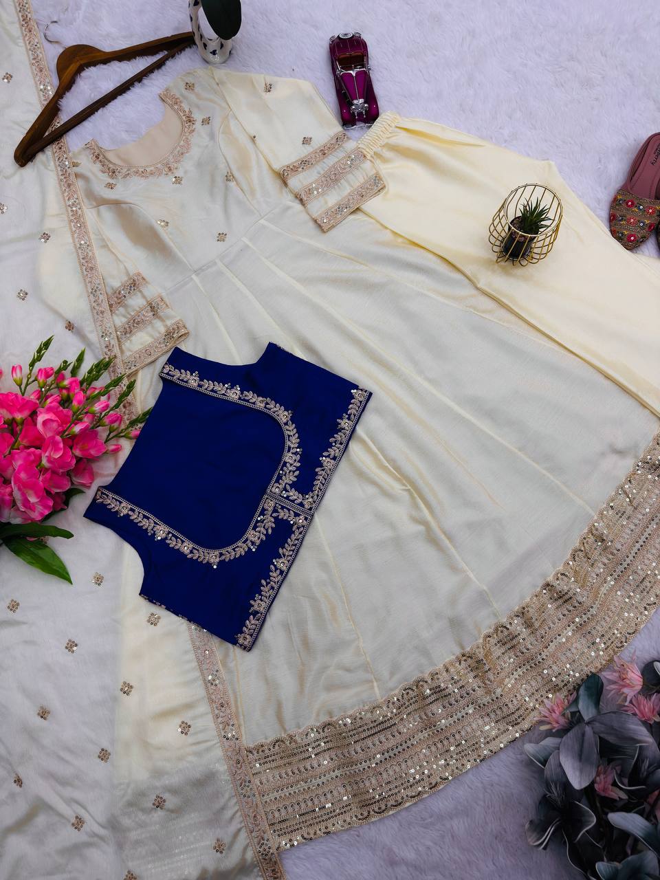 Elegant Cream Color Embroidery Work Gown With Koti