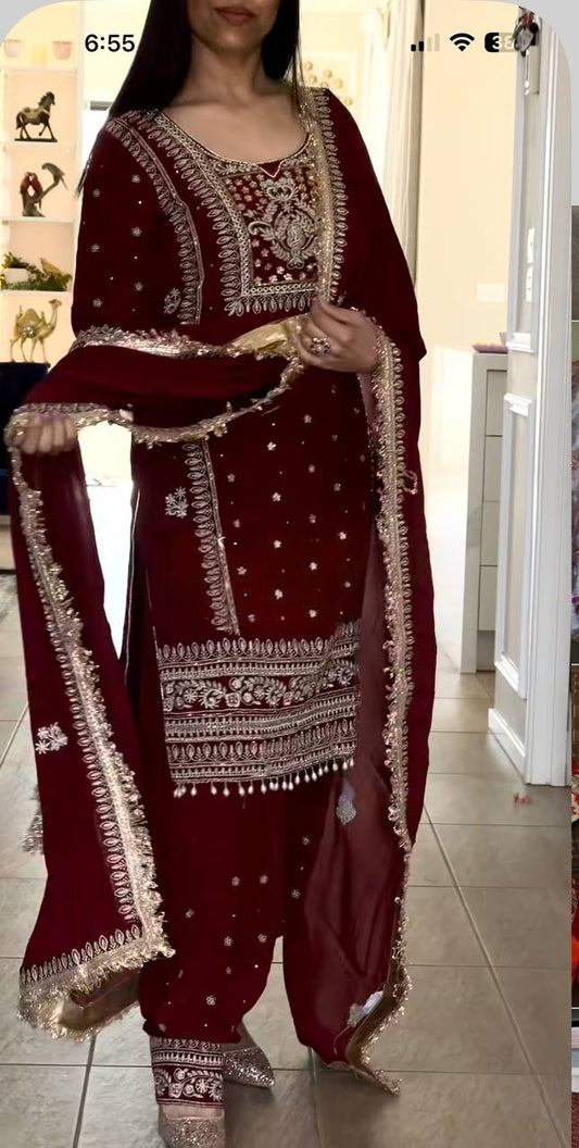 Amazing Maroon Crep Silk Embroidered Panjabi Suit