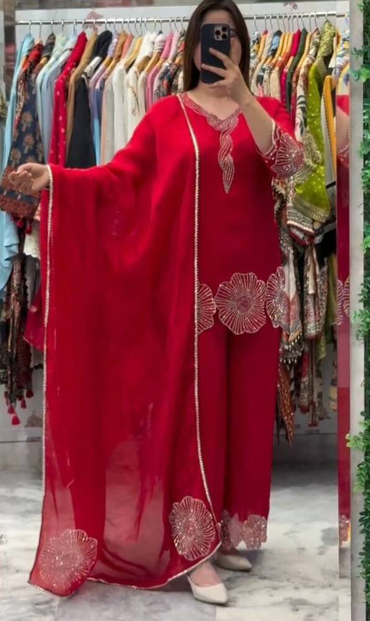 Exclusive Red Rangoli Beads Work Sharara Suit