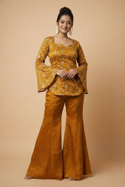 Georgus Orange Embroidery Sequence Work Palazzo Suit