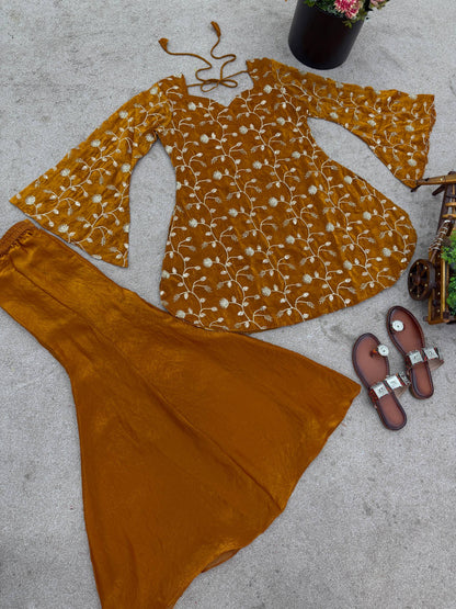 Georgus Orange Embroidery Sequence Work Palazzo Suit