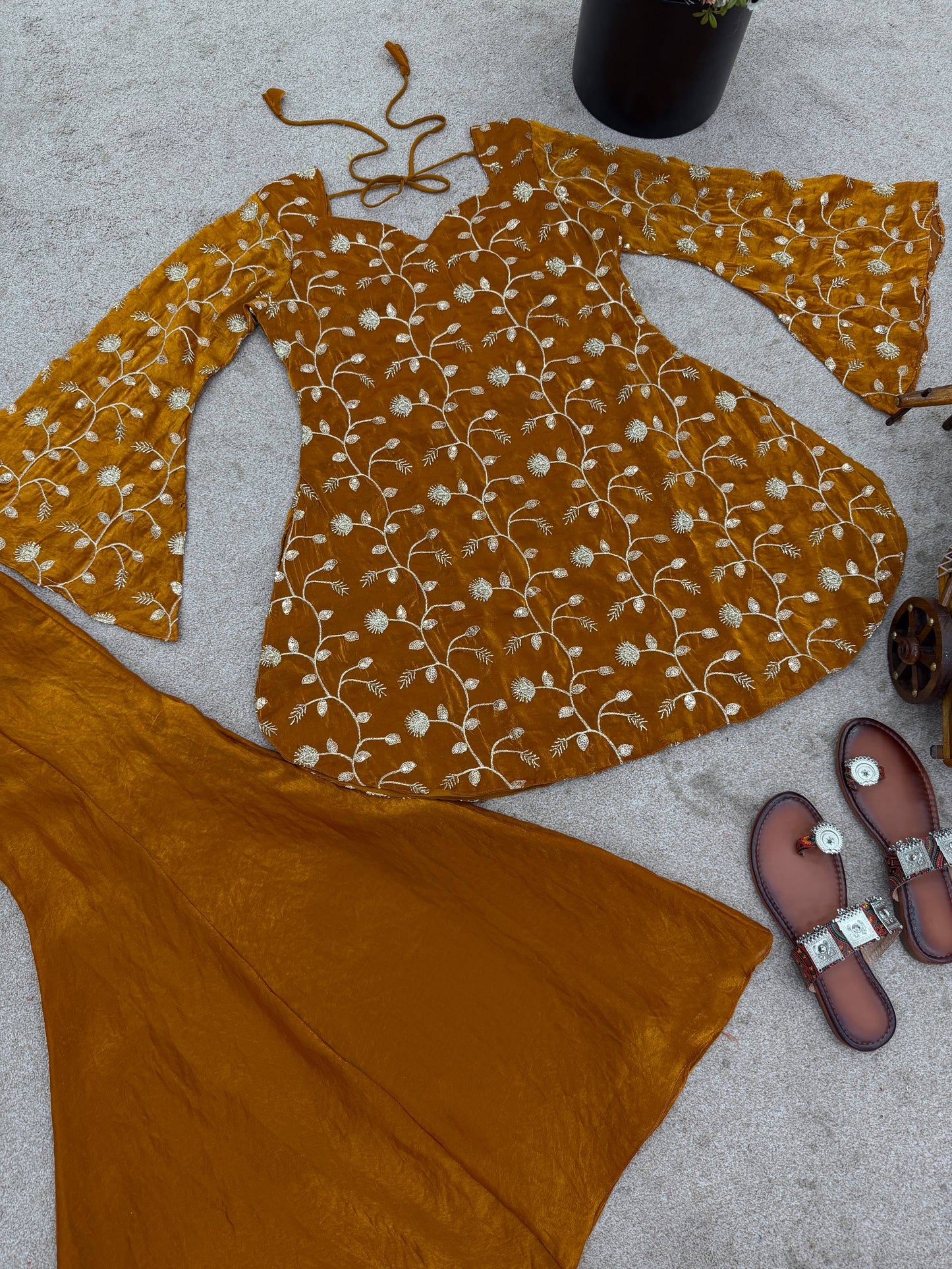 Georgus Orange Embroidery Sequence Work Palazzo Suit