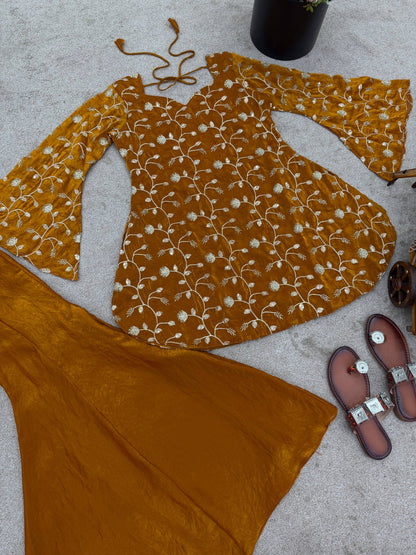 Georgus Orange Embroidery Sequence Work Palazzo Suit