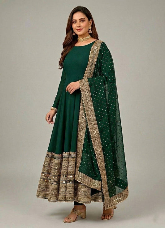 Charming Green Roman Silk Embroidered Anarkali Gown
