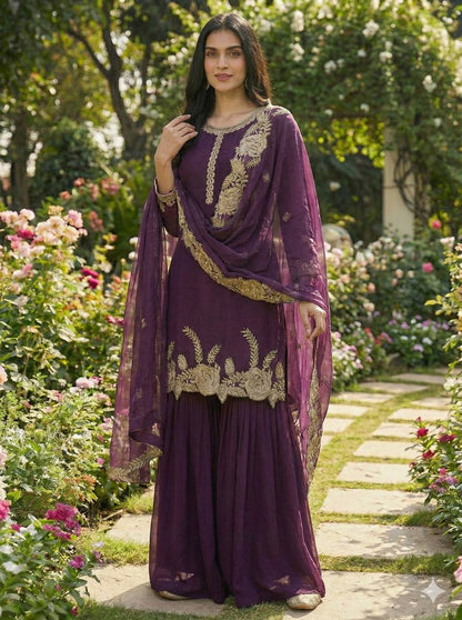 Elegant Yellow Faux Georgette Embroidery Work Palazzo Suit