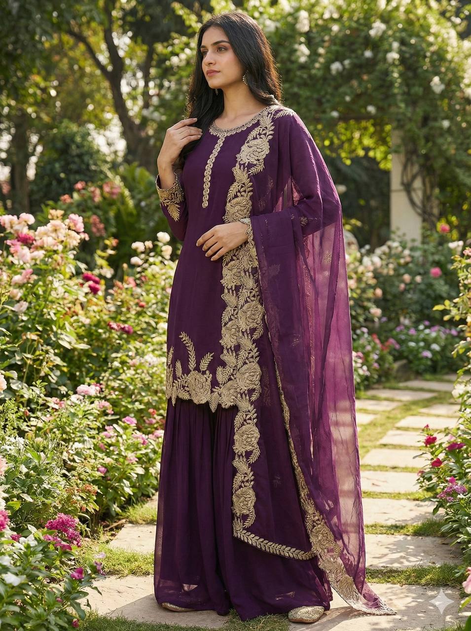 Elegant Yellow Faux Georgette Embroidery Work Palazzo Suit