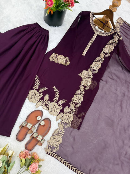 Elegant Yellow Faux Georgette Embroidery Work Palazzo Suit