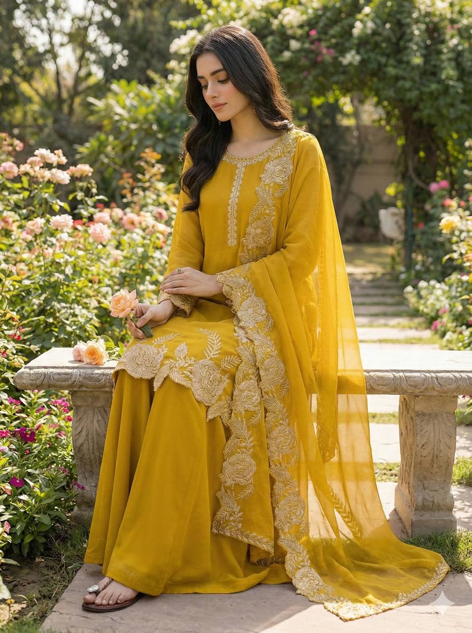 Elegant Yellow Faux Georgette Embroidery Work Palazzo Suit