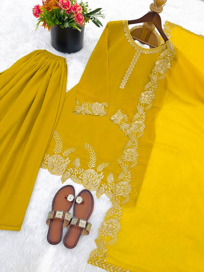 Elegant Yellow Faux Georgette Embroidery Work Palazzo Suit