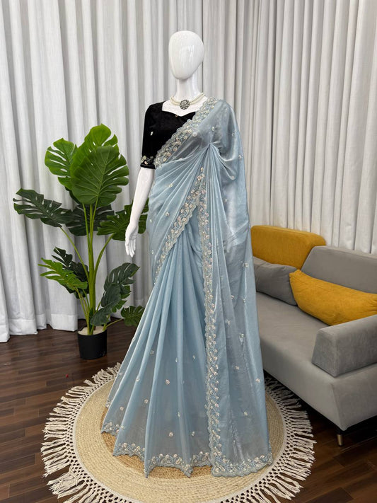 Lovely Blue Fendy Silk Beds Work Saree