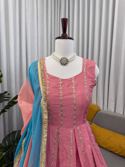 Lovely Pink Chinon Silk Thread Work Anarkali Suit