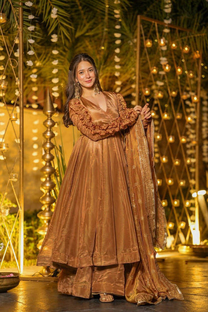 Exclusive Brown Heavy Fendy Silk Work Anarkali Suit