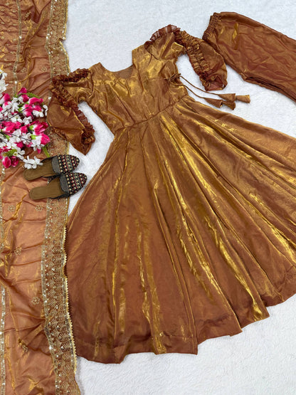 Exclusive Brown Heavy Fendy Silk Work Anarkali Suit