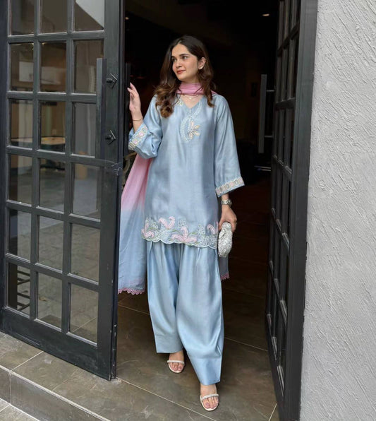 Stunning Blue Satin Silk with Embroidery Work Sharara Suit