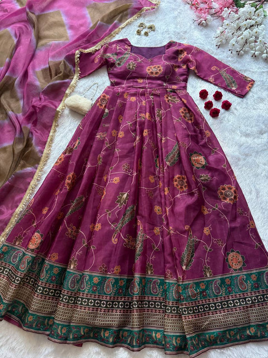 Elegant Purple Organza Silk Digital Printed Anarkali Gown