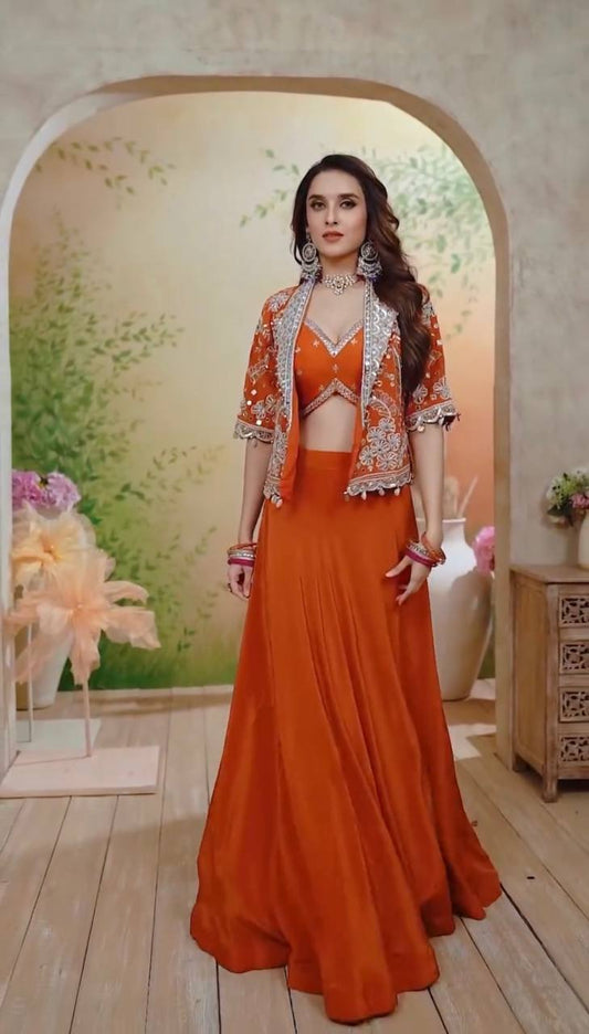 Elegant Orange Heavy Rangoli Silk Embroidery Lehenga