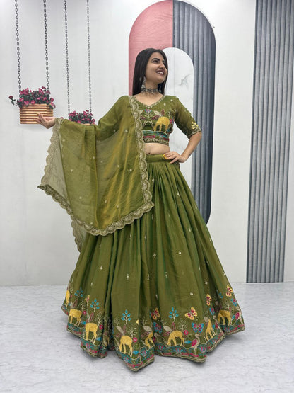 Charming Green Moss Simar Heavy Embroidery Lehenga