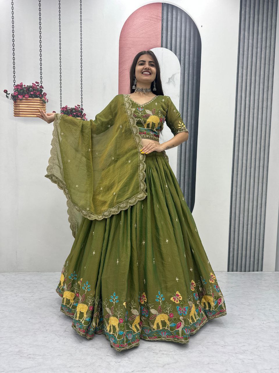 Charming Green Moss Simar Heavy Embroidery Lehenga