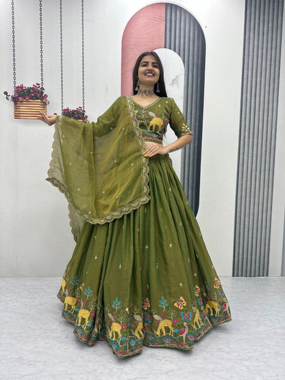 Charming Green Moss Simar Heavy Embroidery Lehenga
