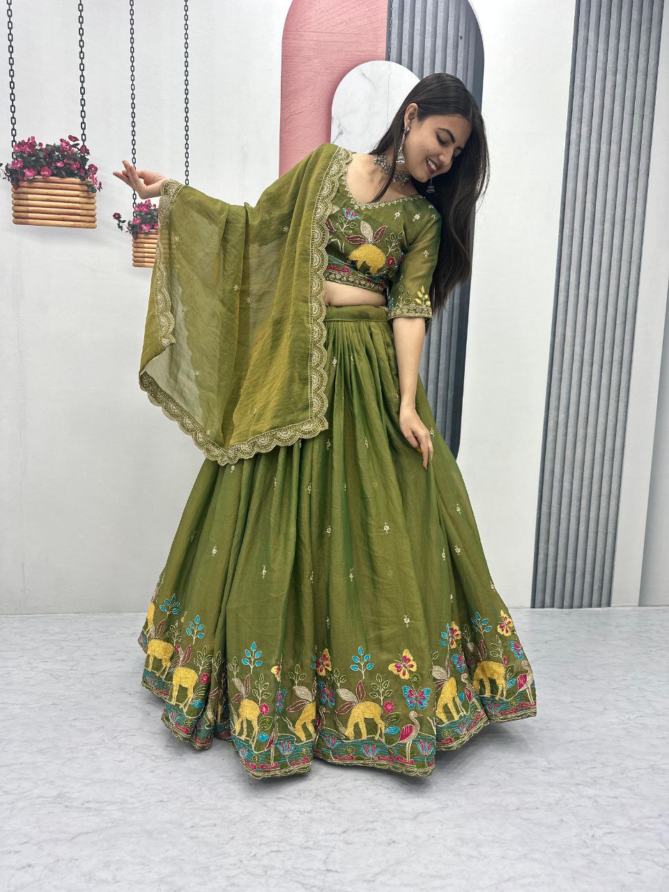 Charming Green Moss Simar Heavy Embroidery Lehenga