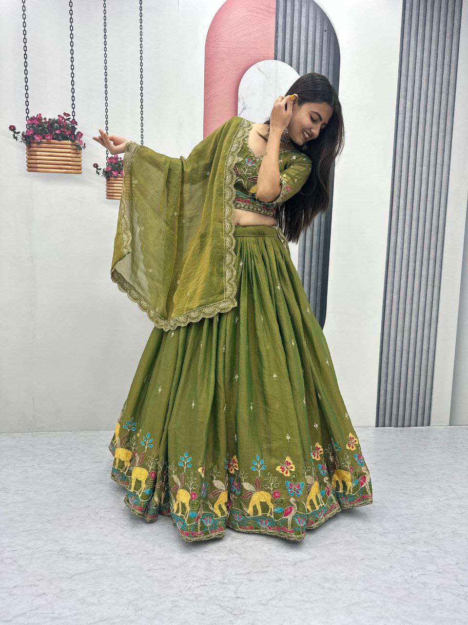 Charming Green Moss Simar Heavy Embroidery Lehenga