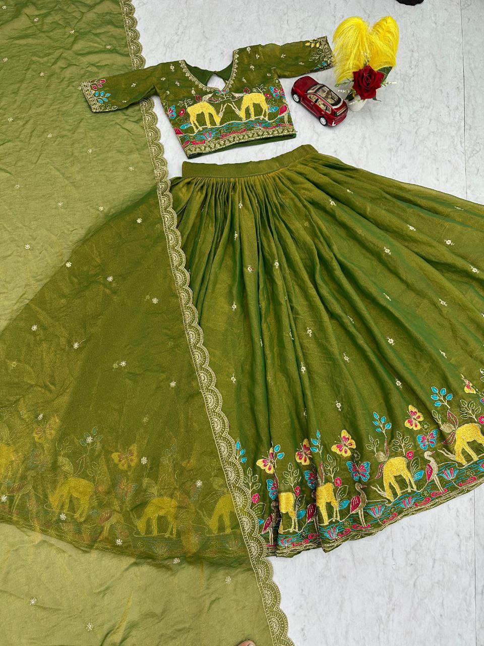 Charming Green Moss Simar Heavy Embroidery Lehenga