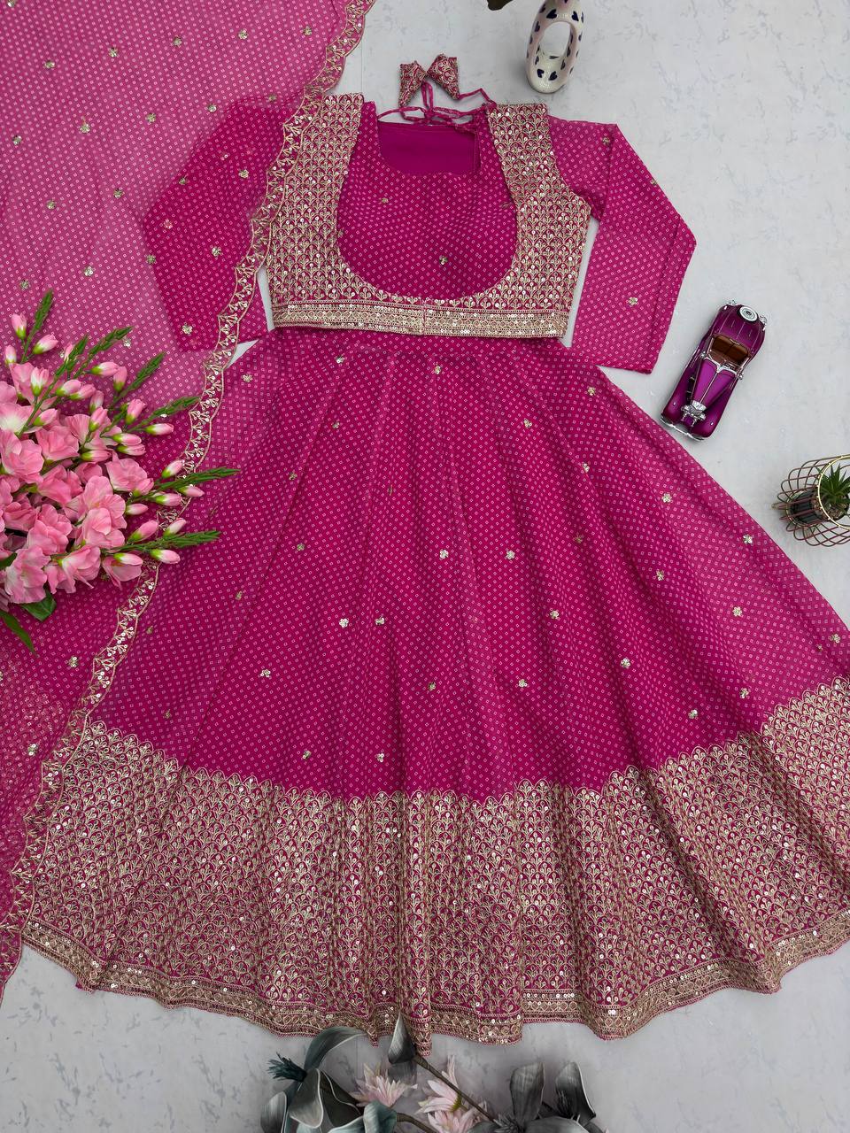Exclusive Pink Heavy Fox Georgette Embroidery Work Gown