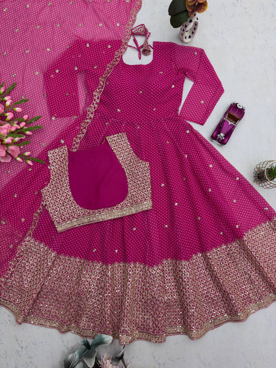 Exclusive Pink Heavy Fox Georgette Embroidery Work Gown
