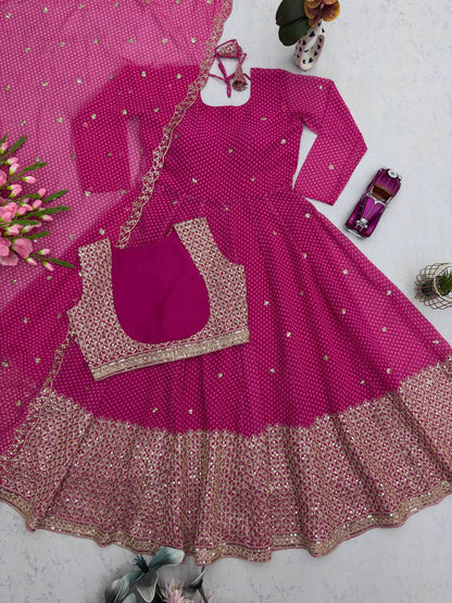 Exclusive Pink Heavy Fox Georgette Embroidery Work Gown