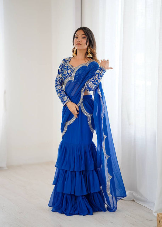 Lovely Blue Faux Georgette Elegant Work Ruffle Saree