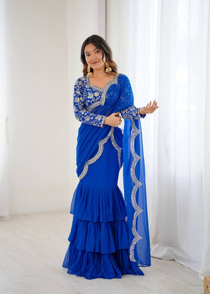 Lovely Blue Faux Georgette Elegant Work Ruffle Saree