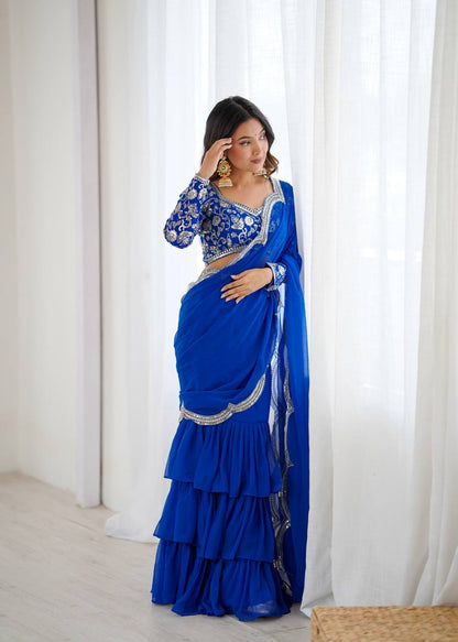 Lovely Blue Faux Georgette Elegant Work Ruffle Saree