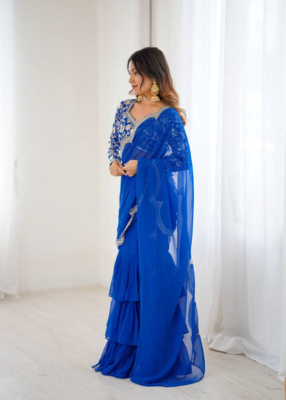 Lovely Blue Faux Georgette Elegant Work Ruffle Saree