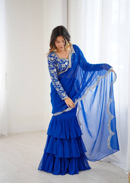 Lovely Blue Faux Georgette Elegant Work Ruffle Saree