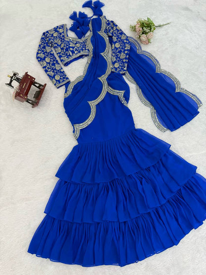 Lovely Blue Faux Georgette Elegant Work Ruffle Saree