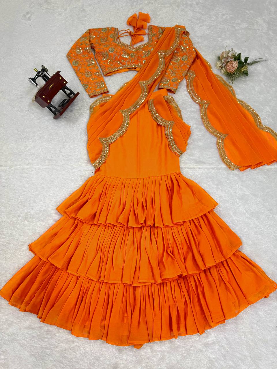 Lovely Blue Faux Georgette Elegant Work Ruffle Saree