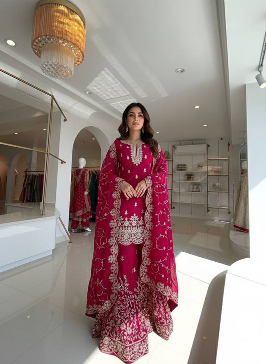 Captivating Red Silk with Embroidery Work Sharara Suit