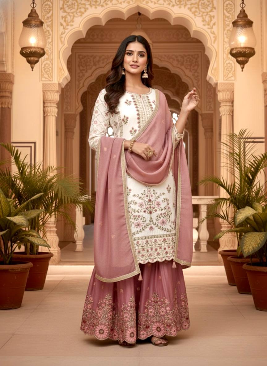 Gorgeous Pink Silk Palazzo Suit With Embroidery Work