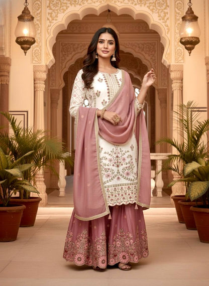 Gorgeous Pink Silk Palazzo Suit With Embroidery Work