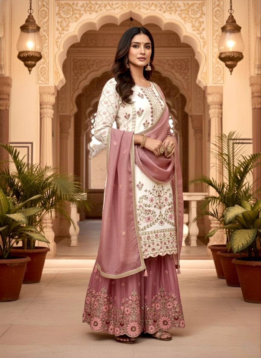 Gorgeous Pink Silk Palazzo Suit With Embroidery Work