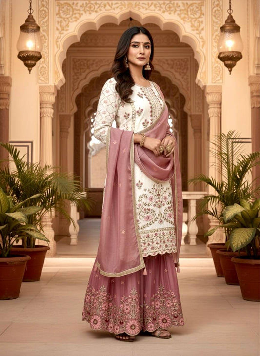 Gorgeous Pink Silk Palazzo Suit With Embroidery Work
