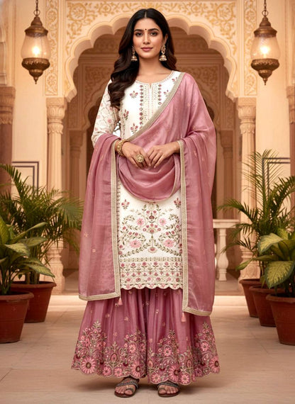 Gorgeous Pink Silk Palazzo Suit With Embroidery Work